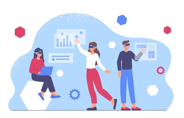 Menschen mit Augmented Reality-Konzept Männer und Frauen in Virtual-Reality-Brillen mit Grafiken und Diagrammen Statistiken und Datenvisualisierung Infografiken Cartoon-Flachvektor-Illustration