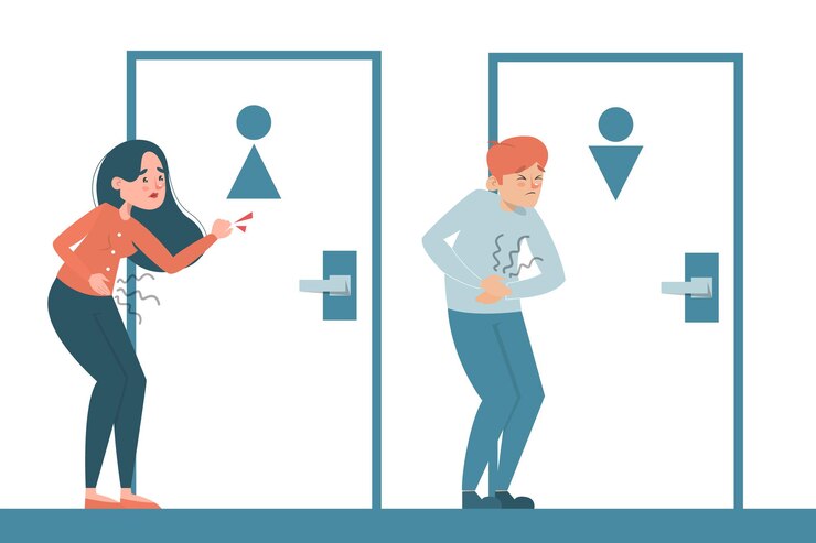 Menschen mit Durchfall warten an der Toilettentür