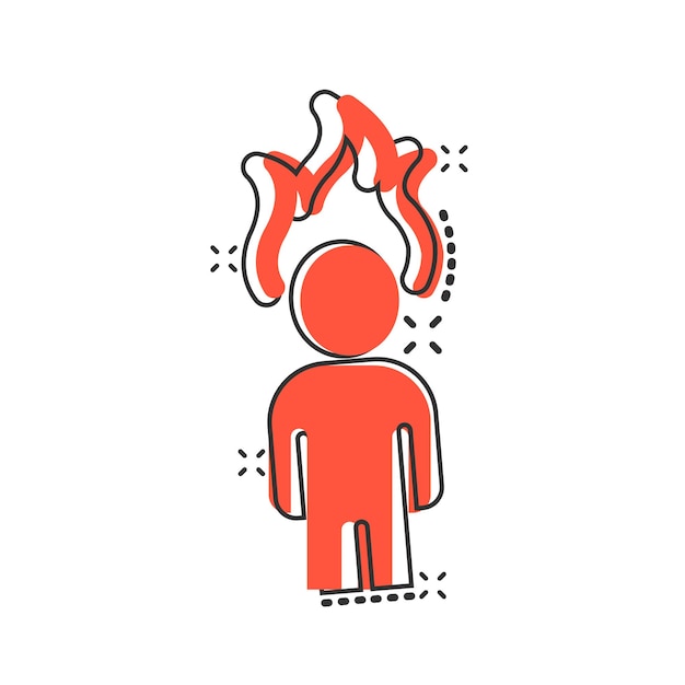 Vektor menschen mit flammenkopf-ikonen im comic-stil stress-ausdruck cartoon-vektor-illustration auf weißem isolierten hintergrund gesundheitsproblem splash-effekt geschäftskonzept