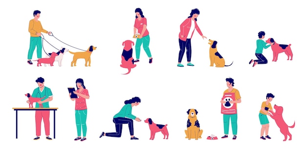 Menschen mit hunden flache, vektorisolierte illustration