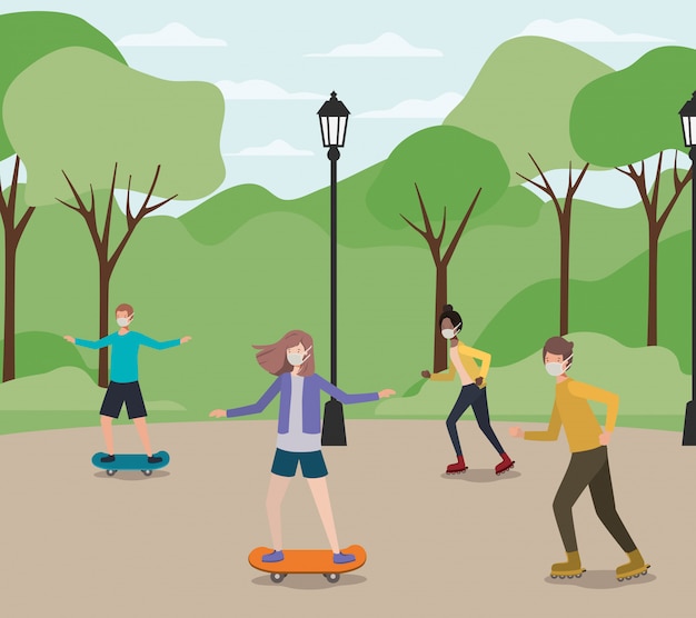 Vektor menschen mit masken auf skateboards im park