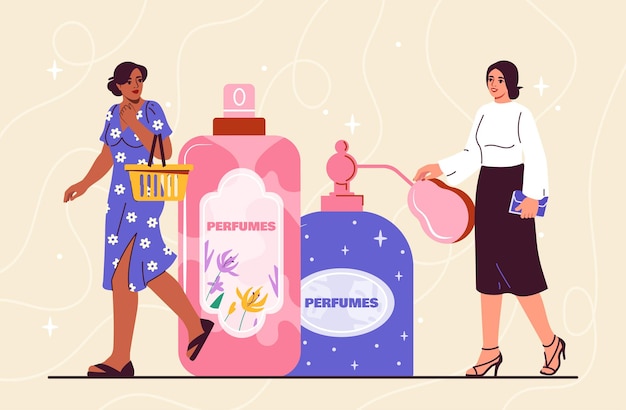 Vektor menschen mit parfümkonzept zwei frauen in der nähe von kosmetikprodukten und lotionen aroma schönheitsverfahren