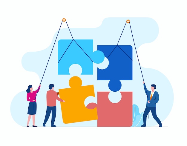 Menschen mit Puzzle, die Teamwork Business Flat Vector Illustration Banner und Landing Page darstellen