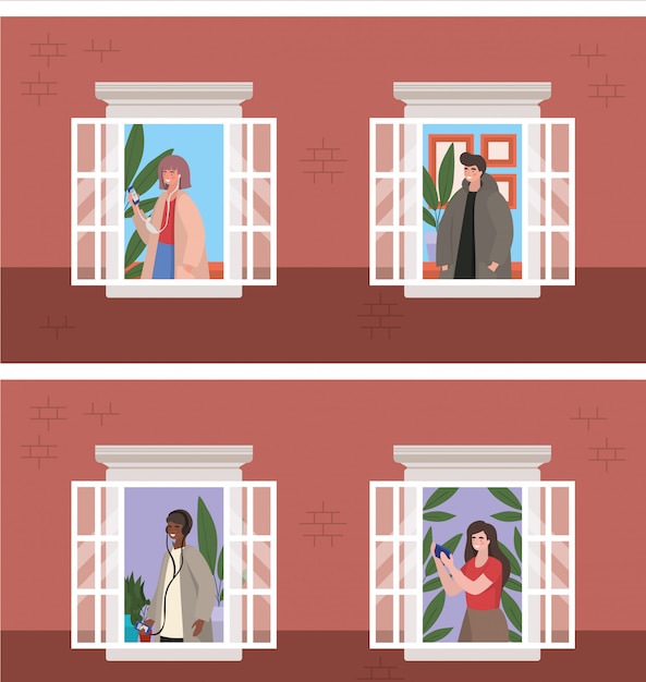 Menschen mit Smartphone an Fenstern des braunen Gebäudes, Architektur und Quarantänethemaillustration