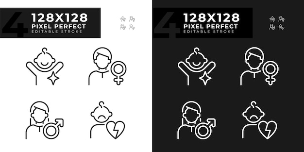 Menschen pixeln perfekte lineare symbole, die für den dunkellichtmodus eingestellt sind