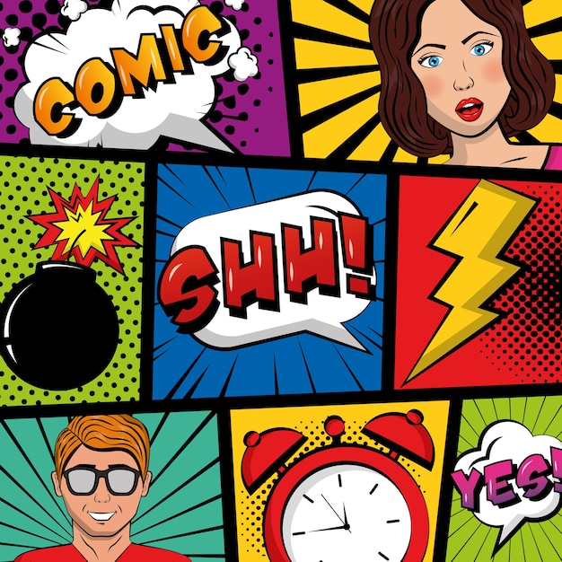 Menschen Pop-Art Comic Uhr Absturz Boom Text Retro