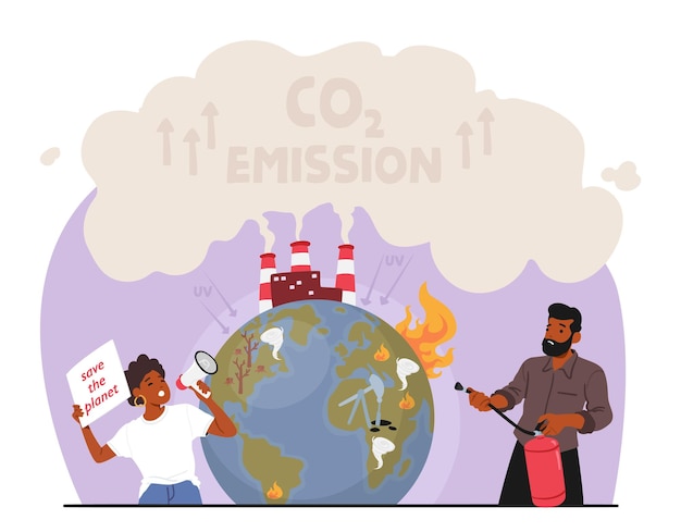 Vektor menschen protestieren gegen den klimawandel. ihre einheitliche stimme fordert eine nachhaltige zukunft und fordert die staats- und regierungschefs auf, umweltkrisen zu bekämpfen und kohlenstoffemissionen jetzt zu reduzieren. cartoon-vektor-illustration
