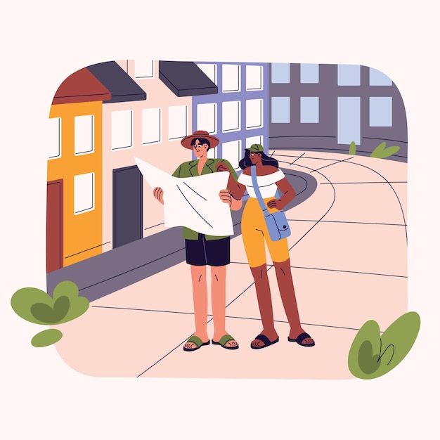 Menschen reisen im Sommerurlaub. Reisendes Paar, das auf der Straße der Stadt spaziert. Touristen schauen auf die Landkarte, Standorte und Sehenswürdigkeiten. Personen bei Tour-Abenteuern. Flache, isolierte Vektordarstellung auf Weiß