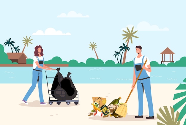 Menschen säubern strandsäuberungsmüll, abfall, meeresmüll, konzept, grafikdesign, illustration