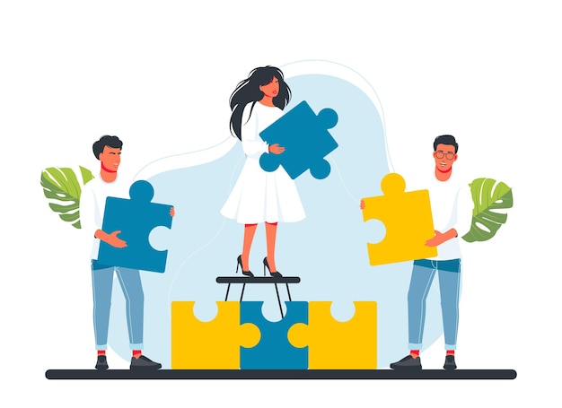 Menschen sammeln ein Puzzle ein Mosaik Kollegen, die große Puzzleteile halten A Erfolgreiche Partnerschaft Kommunikation Zusammenarbeit Metapher Teamwork Business Kooperationskonzept Vektor-Illustration