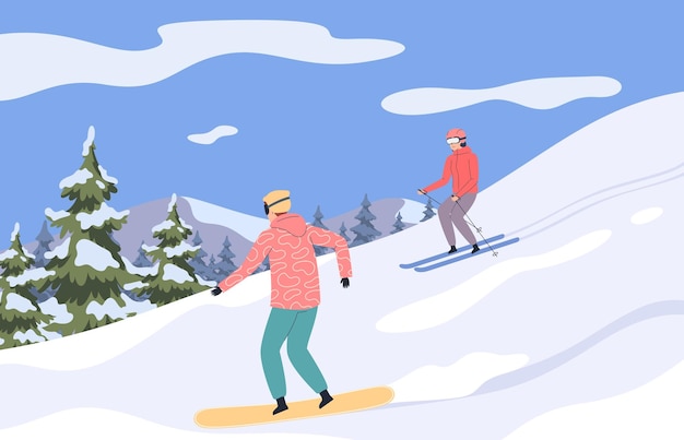 Menschen schaitern im Schnee, Wintersport, Erholung in den Bergen