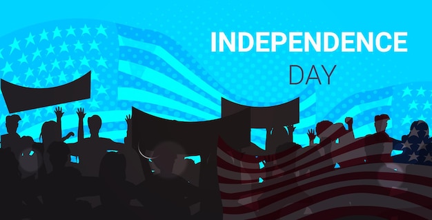 Menschen-Silhouetten, die Flaggen der Vereinigten Staaten halten, die den amerikanischen Unabhängigkeitstag feiern, 4. Juli-Banner