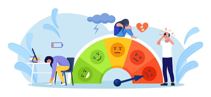 Vektor menschen sind auf der stimmungsskala, stressrate. frustration und stress, emotionale überlastung, burnout, überarbeitung, depressionsdiagnose