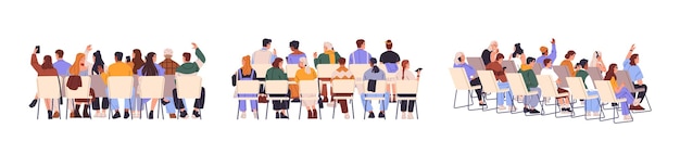 Menschen sitzen in einer Reihe von Stühlen, Rücksicht auf das Set. Die Menschenmenge ist auf den Plätzen in der Geschäftskonferenz. Das Publikum des Seminars hebt die Hände, um zu fragen. Konzertbesucher. Flache isolierte Vektorillustration auf weißem Hintergrund.