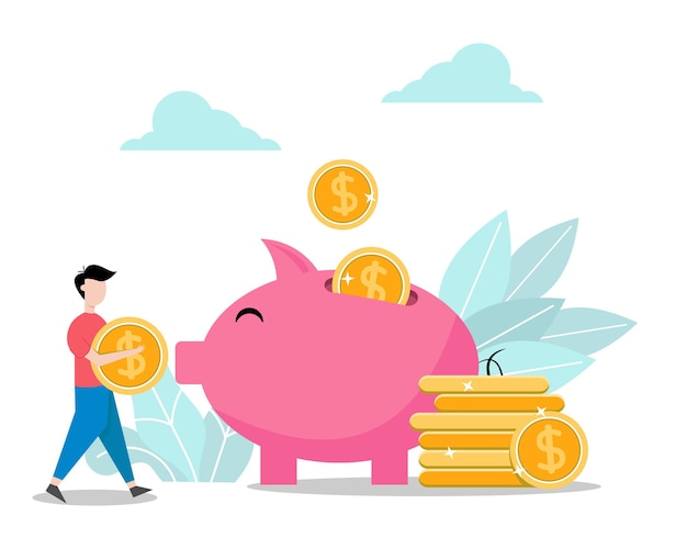 Menschen sparen Geld in Sparschwein isoliert flache Illustration