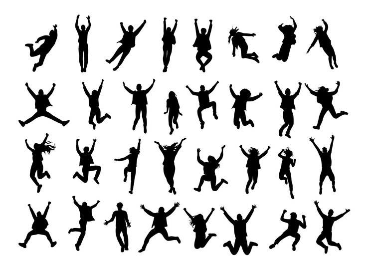 Vektor menschen springen silhouette silhouetten von vielen verschiedenen springenden menschen
