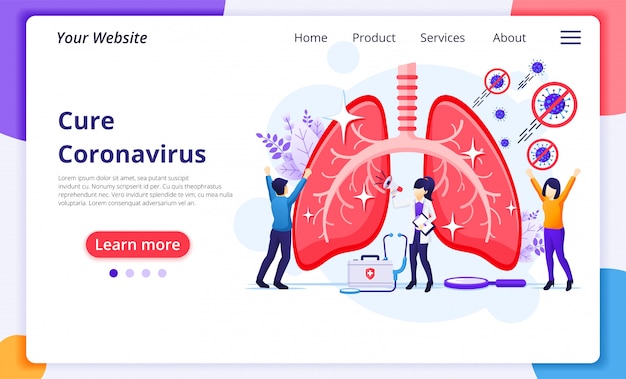 Menschen stoppen und heilen das covid-19-corona-virus aus der konzeptillustration der menschlichen lunge. design-vorlage für die zielseite der website