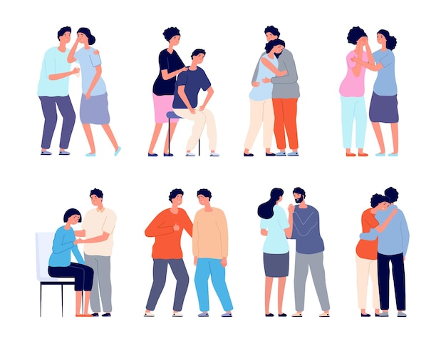 Menschen trösten. Männerunterstützung, getröstete Schulterumarmungen oder emotionale Charaktere. Personen zusammen, Empathie-Mädchen und Komfort-Vektor-Set