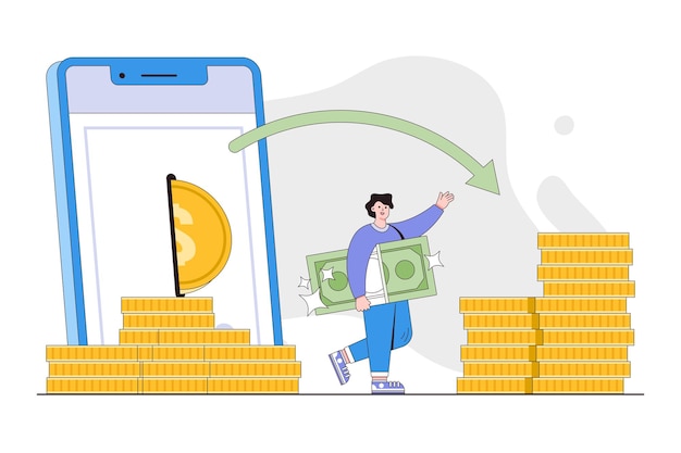 Menschen verdienen geld mit dem konzept der mobilen app cartoon-typ mit bargeld transaktionen für finanztransaktionen, zahlung und investition über digitales gerät minimale vektordarstellung für die zielseite