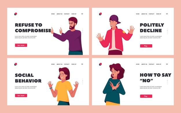 Menschen verweigern landing page template set charaktere zeigen verweigerungsgesten mit offener handfläche, die negativ ausdrücken