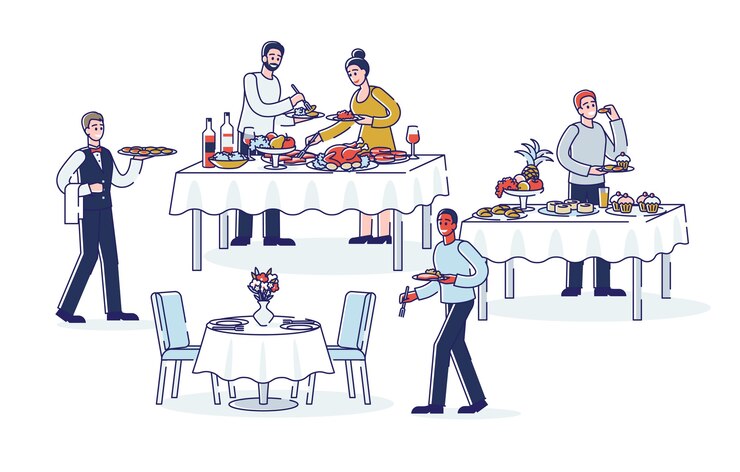 Vektor menschen während des abendbuffets cartoon-abendessen am buffet catering essen