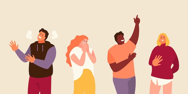 Menschengruppe mit unterschiedlichen Emotionen. Wut, Traurigkeit, Freude und Ekelvektor