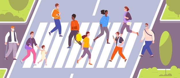 Menschenmenge überquert Straße. Menschen gehen auf Zebrastreifen oder Weg. Zebra-Fußgänger verkehren in der Innenstadt. Stadtleben. Studenten mit Smartphone-Sicherheit. Überqueren Sie den Bürgersteig. Vektorillustration: Zebrastreifen durch Menschenmenge