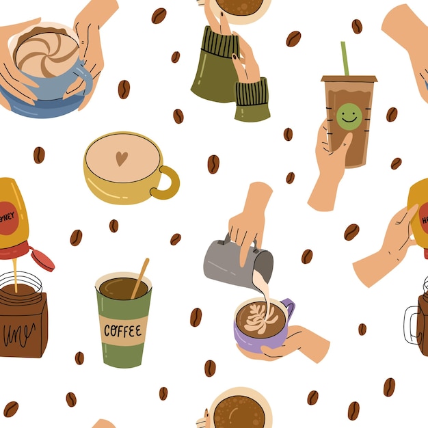 Menschliche Hände, die verschiedene Kaffeetassen und -becher halten Nahtloses Muster