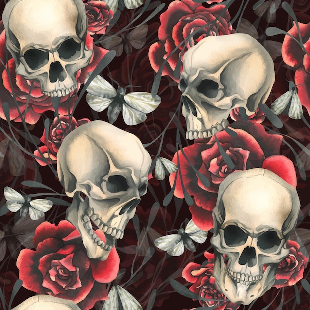 Menschliche Schädel mit roten Rosen und Nachtfaltern von Hand gezeichnete Aquarellillustration nahtloses Muster