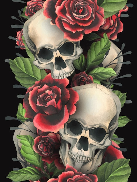 Menschliche Schädel realistisch mit schwarzen und roten Rosen grünen Blättern und schwarzen Zweigen, handgezeichnet
