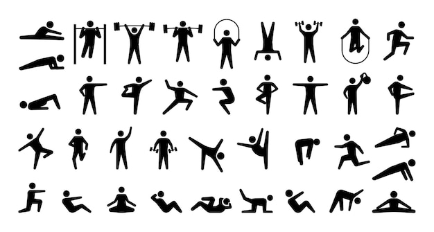 Menschliche sportsymbole trainingspersonen silhouetten zeichen von menschen, die fitness- und gewichtheberübungen machen oder yoga praktizieren stretching oder bodybuilding-training vektorsymbole gesetzt