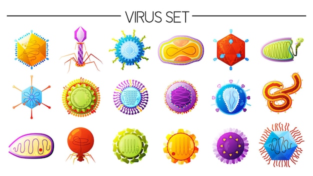 Vektor menschliche viren sorten bunte symbole mit pocken verschiedener arten grippe masern polio ebola isolierte vektorillustration