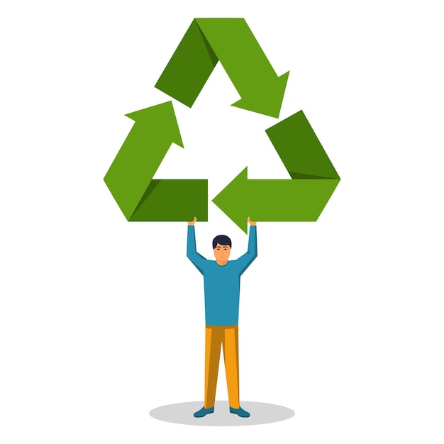 Menschlicher Griff im Handzeichen recyceln. Symbolökologie. Umweltschutz. Flaches Design der Vektorillustration. Isoliert auf weißem Hintergrund. Grüne Pfeile um Dreieck. Erhaltung Erde.