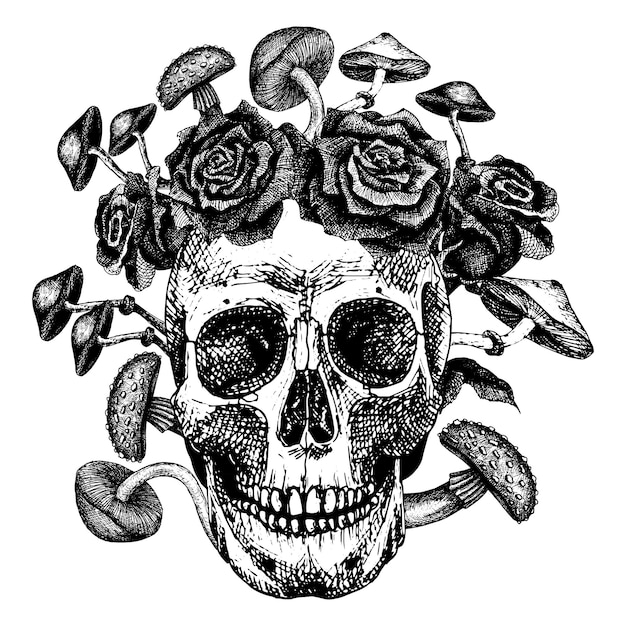 Menschlicher Schädel mit Pilzen und Rosen, die daraus wachsen Schwarz-Weiß-Vektorhandzeichnung für Tätowierung