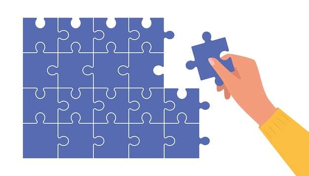 Menschliches Faltpuzzle Hand hält das Detail des Puzzles Puzzle-Banner-Präsentationshintergrund