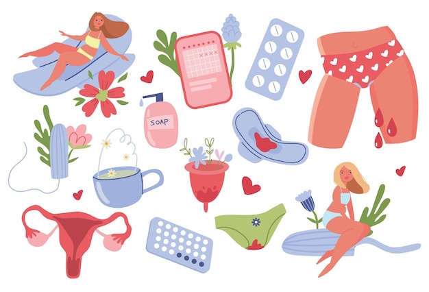 Menstruations-clipart-set damenhygieneauflage tampon menstruationstasse tabletten kamillentee gesundheitskonzept für frauen weibliche gebärmutter glückliche frauen cartoon-vektorillustration isoliert auf hintergrund