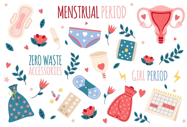 Vektor menstruationshygiene cartoon-elemente aus der weiblichen periode null-abfall-ökologische produkte isolierte menstruationstasse und binden tampons oder kalender analgetische medizin vektor-set für persönliche accessoires für frauen