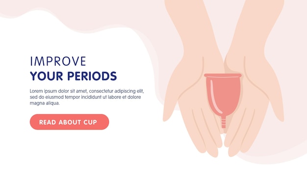 Menstruationstasse Landing Page Design Menstruationstasse in weiblichen Händen Verbessern Sie Ihr Periodenkonzept