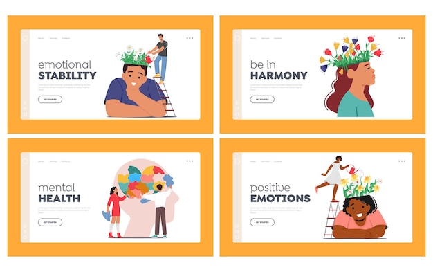 Mental health landing page template set charaktere behandeln depression, einsamkeit, gehirnentwicklung oder hoffnungslosigkeit