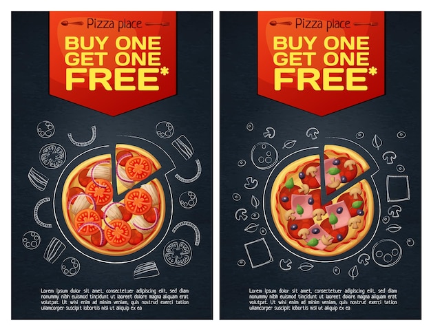 Vektor menü-fastfood-flyer mit pizza-symbol auf cartoon-vektor-illustration im hochformat des tafelhintergrunds