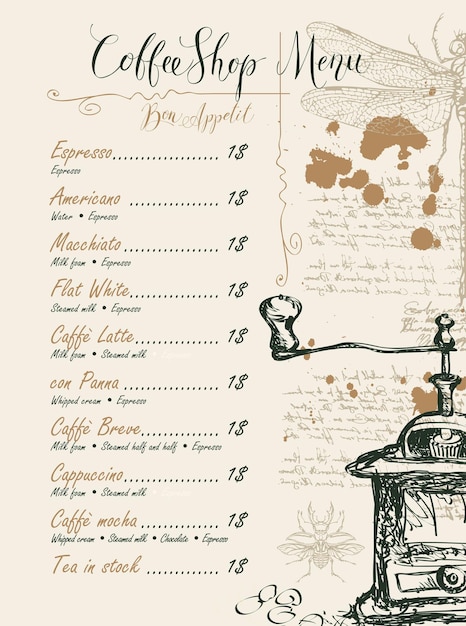 Menü für Kaffeehaus