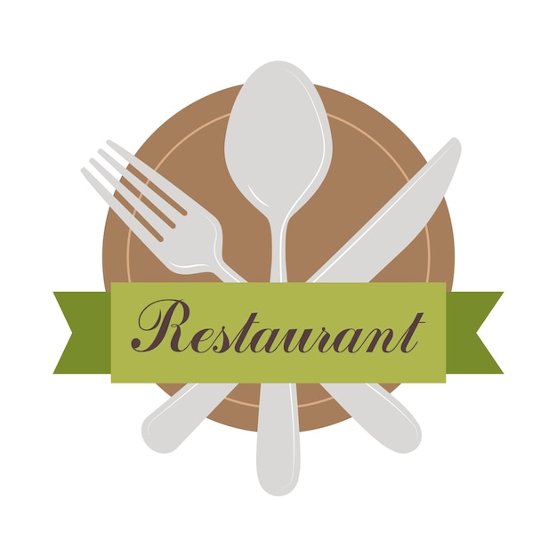 Menükarte-Logo mit gekreuztem Messer, Gabel, Löffel und Teller für Restaurant Vektor-Illustration