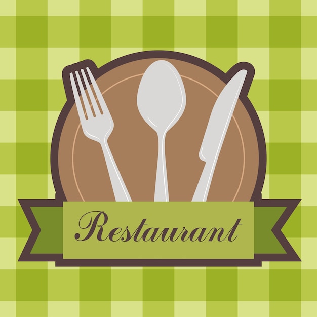 Menükarte-Logo mit Messer, Gabel, Löffel und Teller für Restaurant auf karierten Tischdecke Vektor