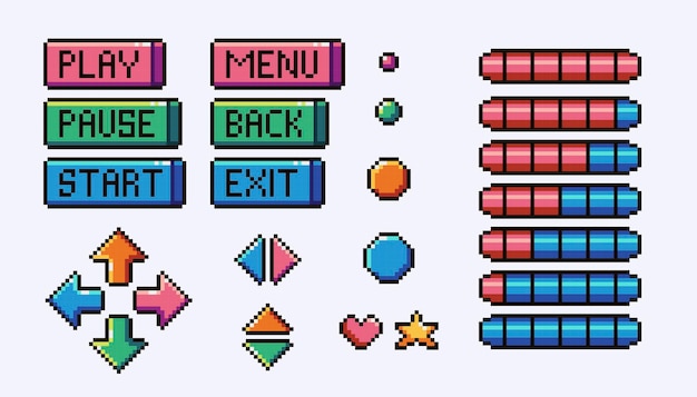 Menüschnittstelle mit Pixel-Art-Set für Gesundheitsbalken Buttons Herzen und Pfeile Sammlung 8-Bit-Sprite