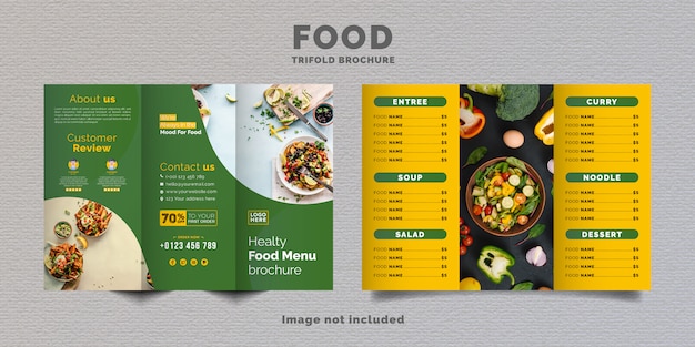 Vektor menüvorlage der dreifachen lebensmittelbroschüre. fast-food-menübroschüre für restaurants mit gelber und grüner farbe.
