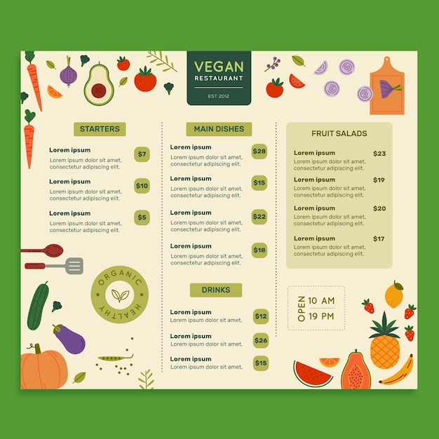 Menüvorlage für veganes Restaurant