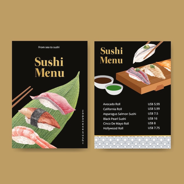 Menüvorlage mit premium-sushi-konzept, aquarell-stil