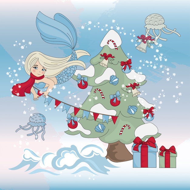 Mermaid decor weihnachtsbaum farb-illustrations-satz des neuen jahres