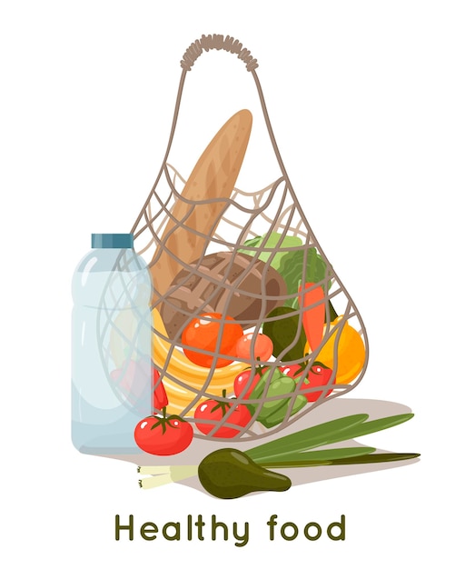 Mesh-einkaufstasche mit gemüse und früchten lokalisiert auf weißem hintergrund. karikaturillustration einer wiederverwendbaren öko-tasche, netzbeutel mit frischem essen, obst, gemüse und kräutern
