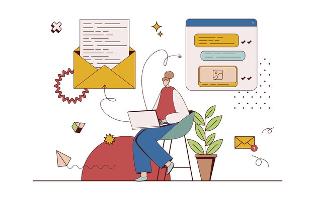 Messaging-Service-Konzept mit Charaktersituation in flachem Design Frau, die neue Briefe online schreibt und mit dem Mail-Client-Programm auf dem Laptop versendet Vektorillustration mit Personenszene für das Web
